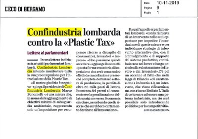 Plastic tax, lettera di Confindustria Lombardia ai parlamentari eletti in regione