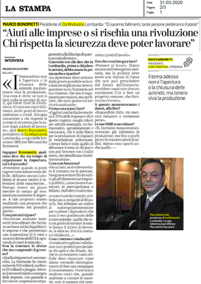 Se non si aiutano le imprese ci saranno tanti fallimenti, molti posti di lavoro andranno persi. Occorrono interventi straordinari per la liquidità'